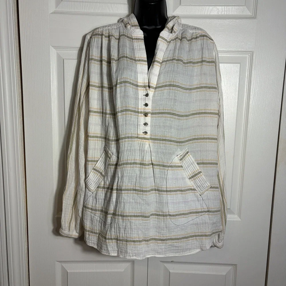 Free People Rolling Clouds 100% Cotton Gauze Tunic Women M Cream Striped Hooded